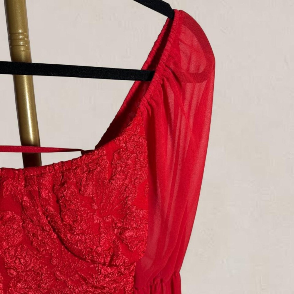 SHEIN Red Lace Corset Crop Top Sheer Puff Sleeve Tie Back Size Large - Picture 5 of 7